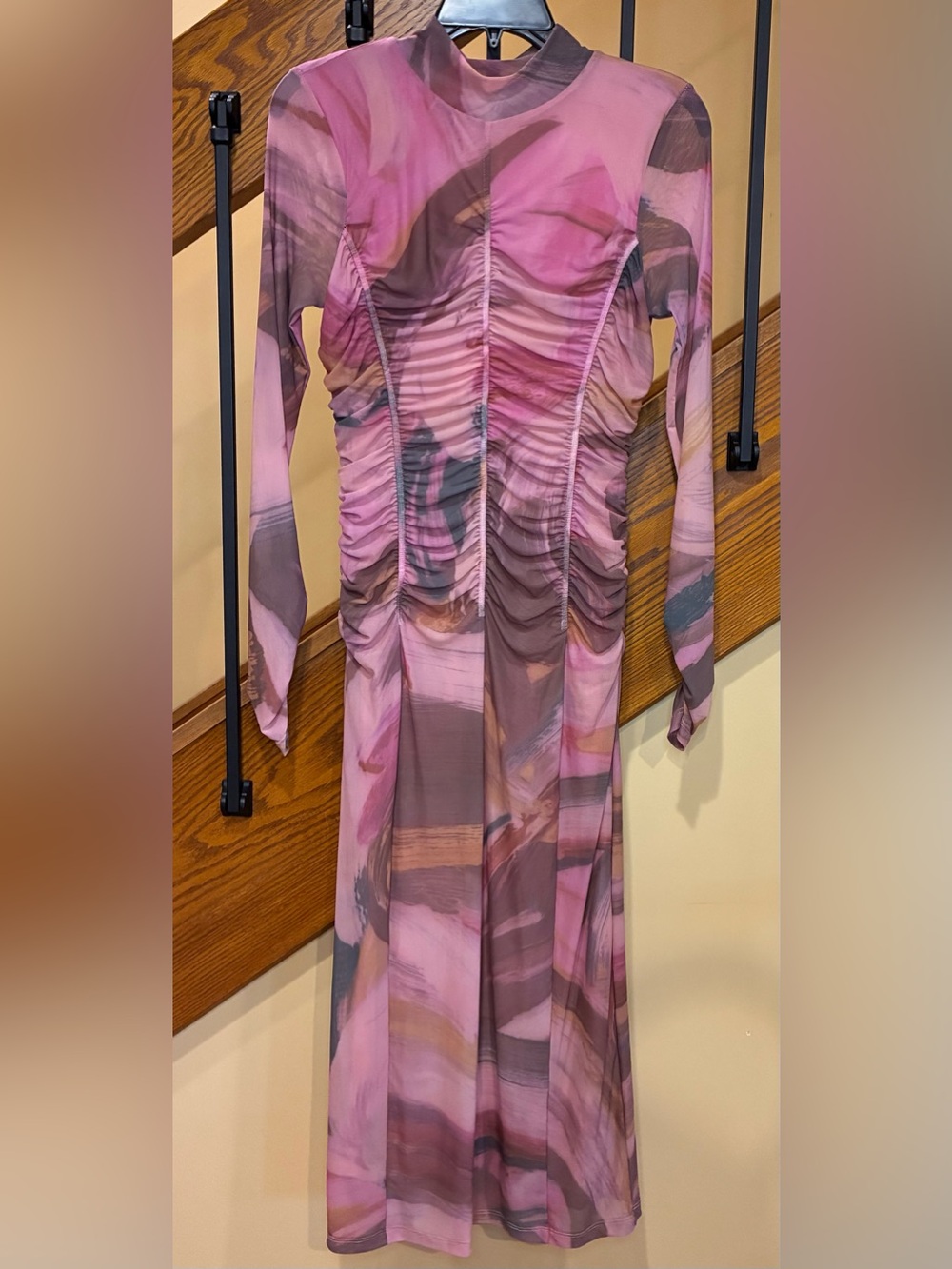 Anthropologie Dress Bodycon Mesh Ruched Mock Neck Midi Abstract Pink SZ. S
